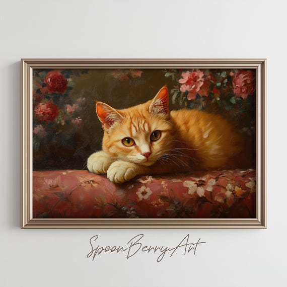 Orange Ginger Cat Painting Moody Vintage Cat Wall Print Cat Print Wall Decor Animal Wall Art Feline Oil Painting Art