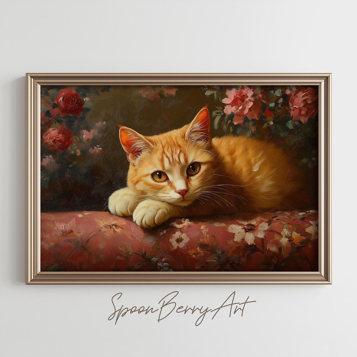 Orange Tabby Cat Lounging on Floral Cushion Moody Vintage Poster
