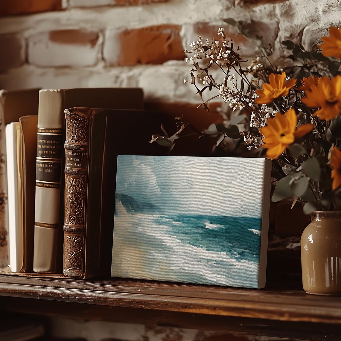 Misty Beach Waves Rolling Toward Rocky Cliffs Coastal Art Poster - Image 3