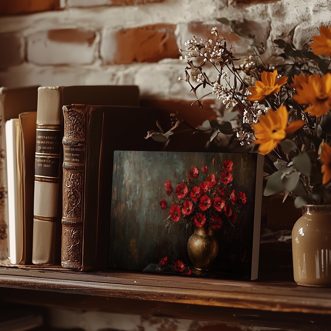 Red Poppies in a Brass Vase Dark Moody Floral Still Life Poster - Image 5