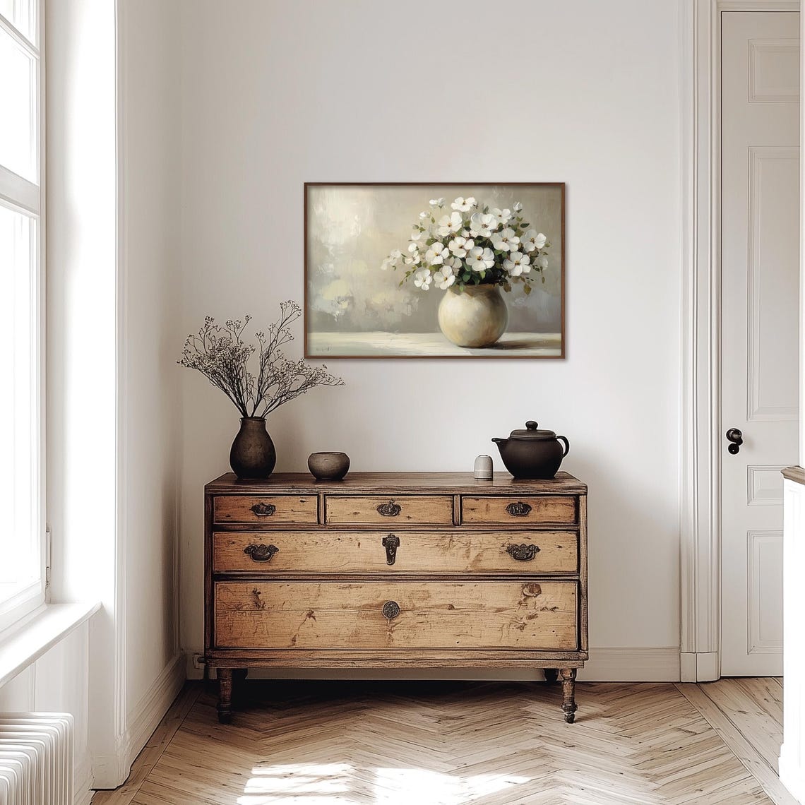 White Flower Vase Painting Vintage Flower Wall Print Flower Print Wall Decor Floral Wall Art Moody Oil Painting Art - Image 4