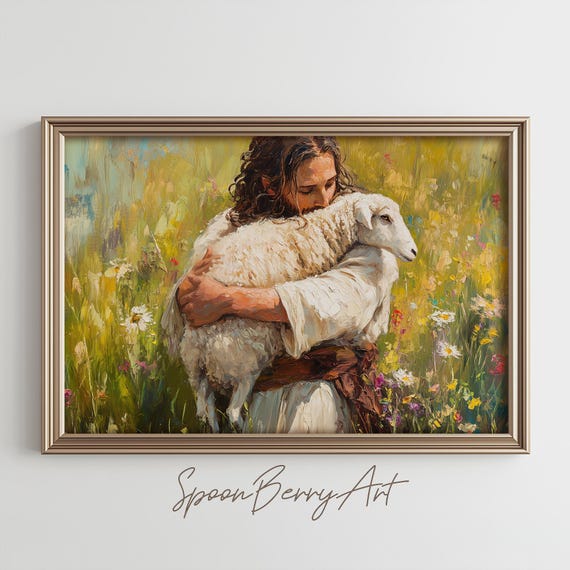Jesus Lamb Painting Vintage Country Wall Print Shepard Print Wall Decor Antique Religious Wall Art Moody Painting Art