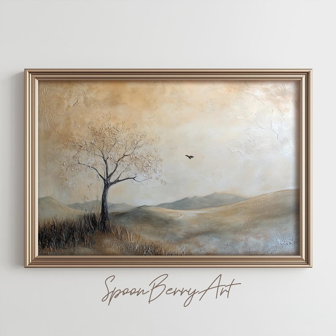 Lone Tree and a Crow on Misty Beige Hills Moody Landscape Poster