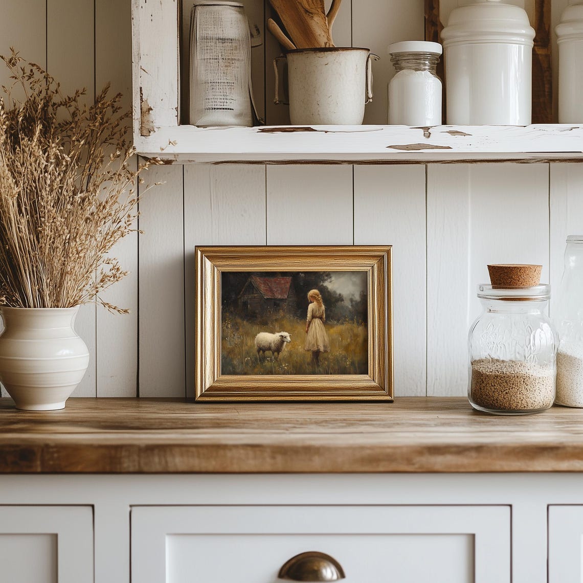 Sheep Girl Painting Vintage Country Wall Print Shepard Girl Print Wall Decor Antique Farm Wall Art Moody Painting Art - Image 5