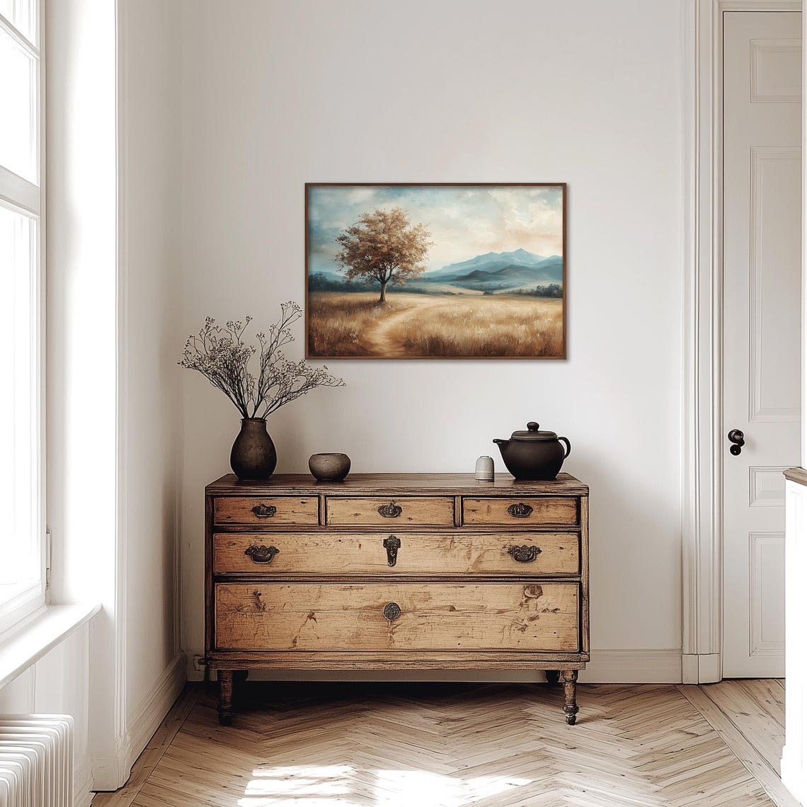 Lone Golden Tree Beside Dirt Path In Mountain Meadow Field Poster - Image 4