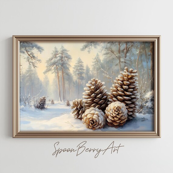 Pine Cones Painting Vintage Pine Tree Wall Print Pinecone Print Wall Decor Winter Wall Art Moody Oil Painting Art