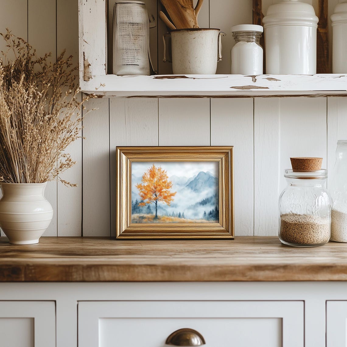 Orange Autumn Tree Before Misty Blue Mountains Watercolor Poster - Image 3