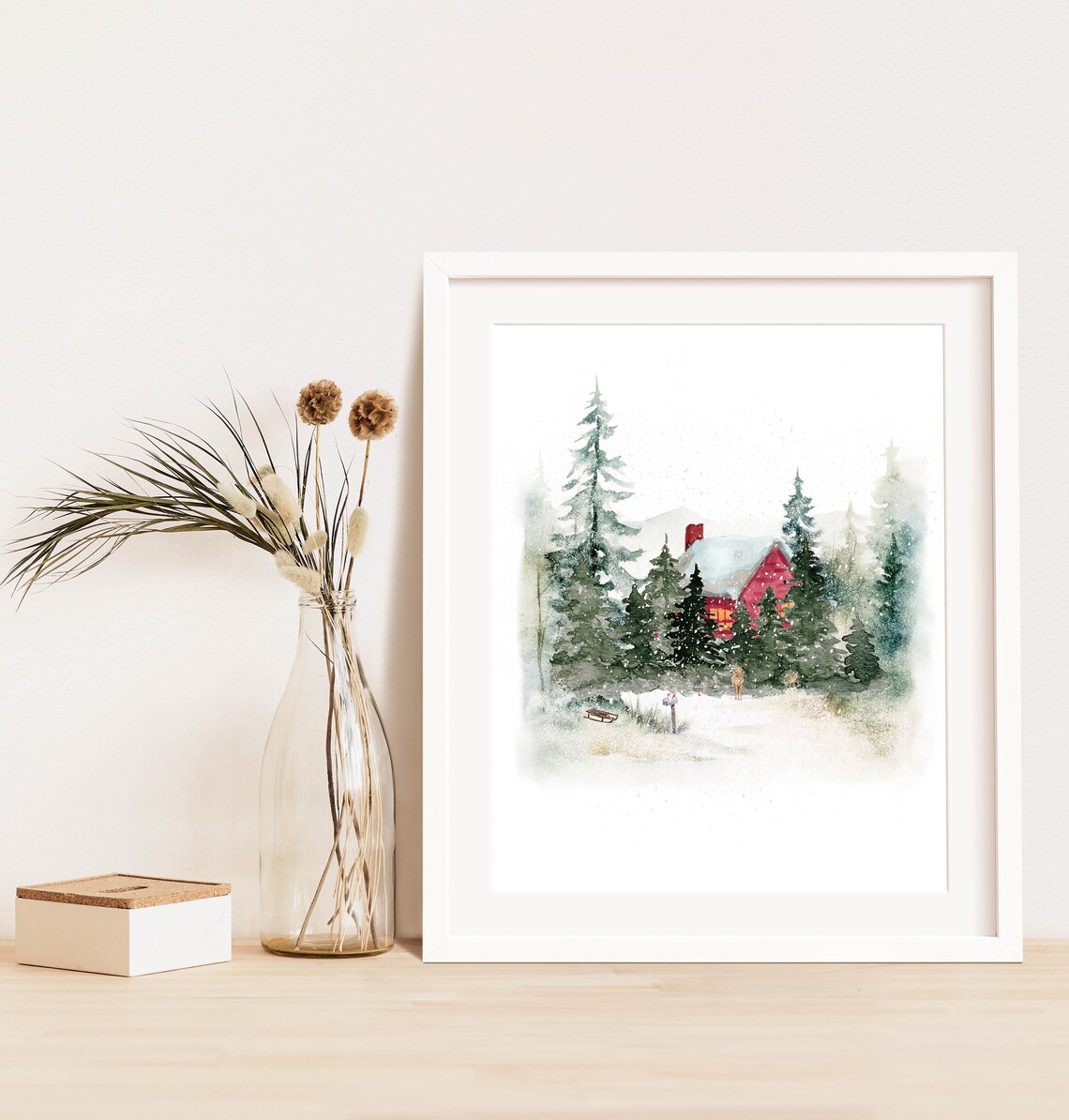 Cozy Red Cabin Glowing Windows Snowy Pine Forest Winter Watercolor Poster - Image 3
