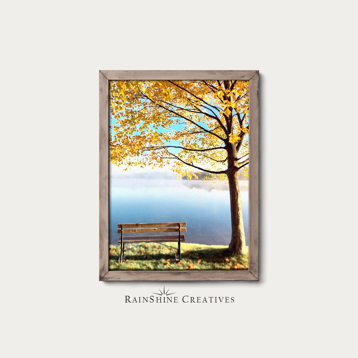 Autumn Landscape, Bench By A Lake Art Print