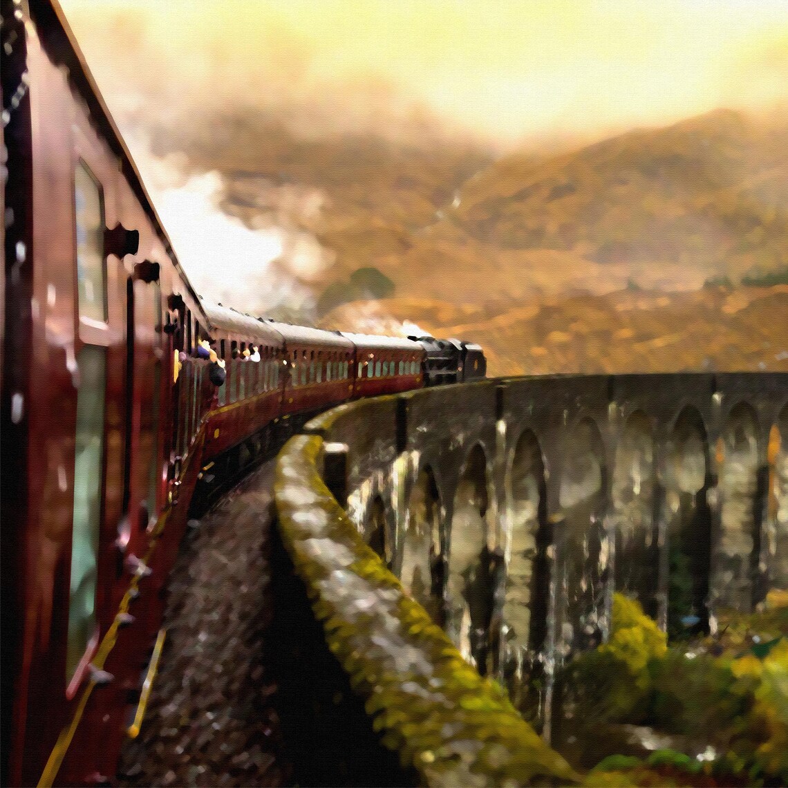 Steam Locomotive Train Art Print, Arch Bridge Landscape - Image 3
