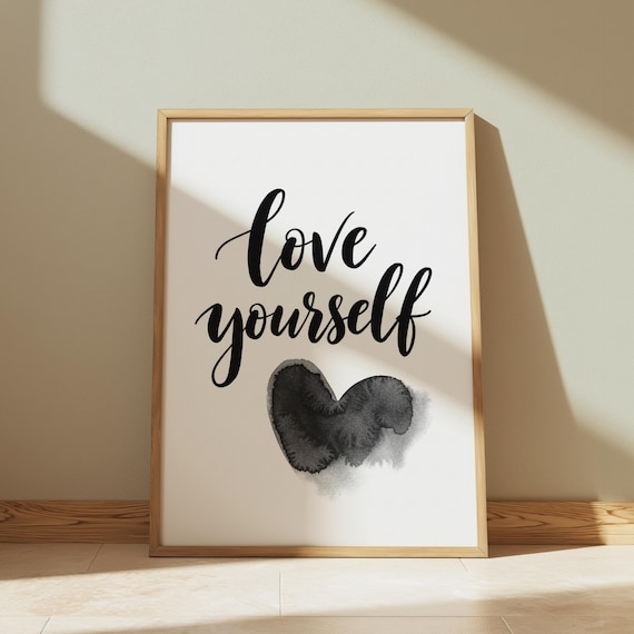 Love Yourself Script with Black Watercolor Heart Inspirational Quote Poster