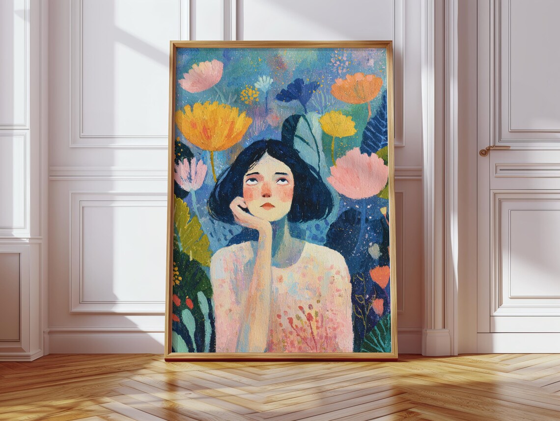 Dreamy Girl Portrait Art Print Floral Illustration