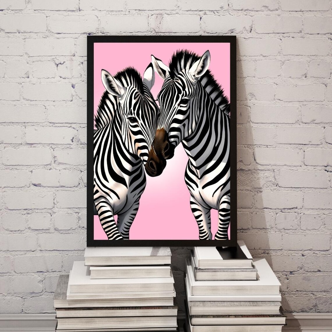 Romantic Zebra Couple Poster Modern Neon Art Print Animal Illustration Wall Decor