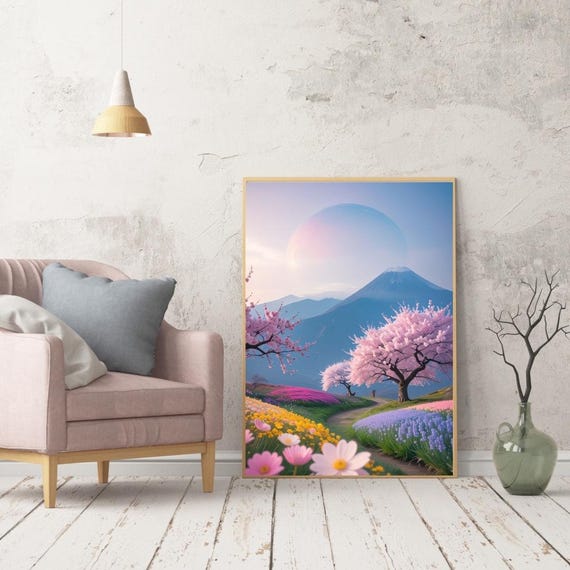 Ethereal Cherry Blossom Landscape Print Dreamy Spring Field With Surreal Mountains Wall Art Poster
