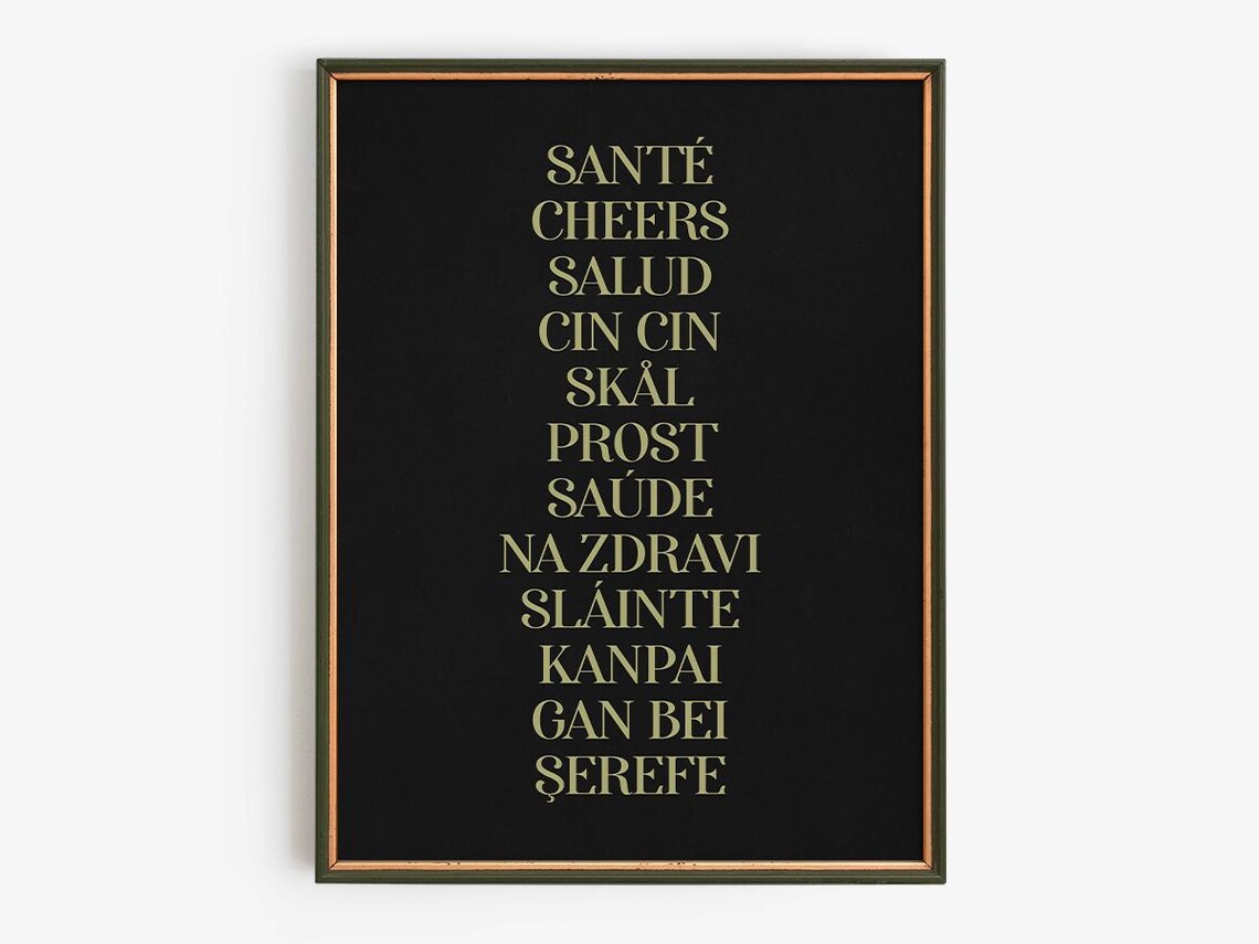 Cheers In Twelve Languages Black And Gold Bar Toast Typography Poster