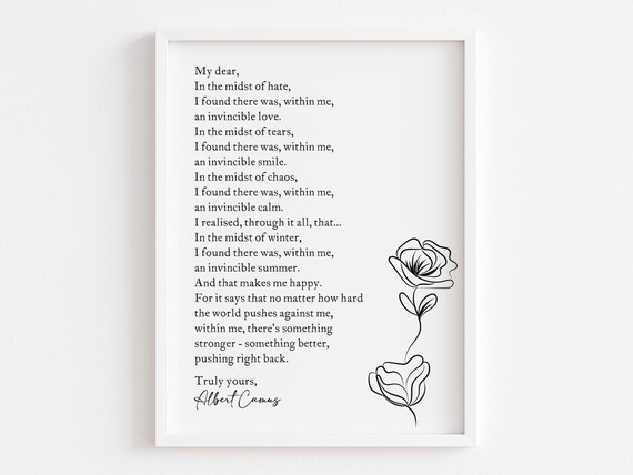 Albert Camus Invincible Summer Rose Line Art Literary Quote Poster