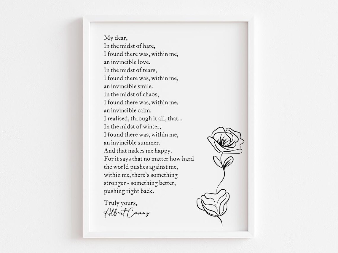 Albert Camus Invincible Summer Rose Line Art Literary Quote Poster