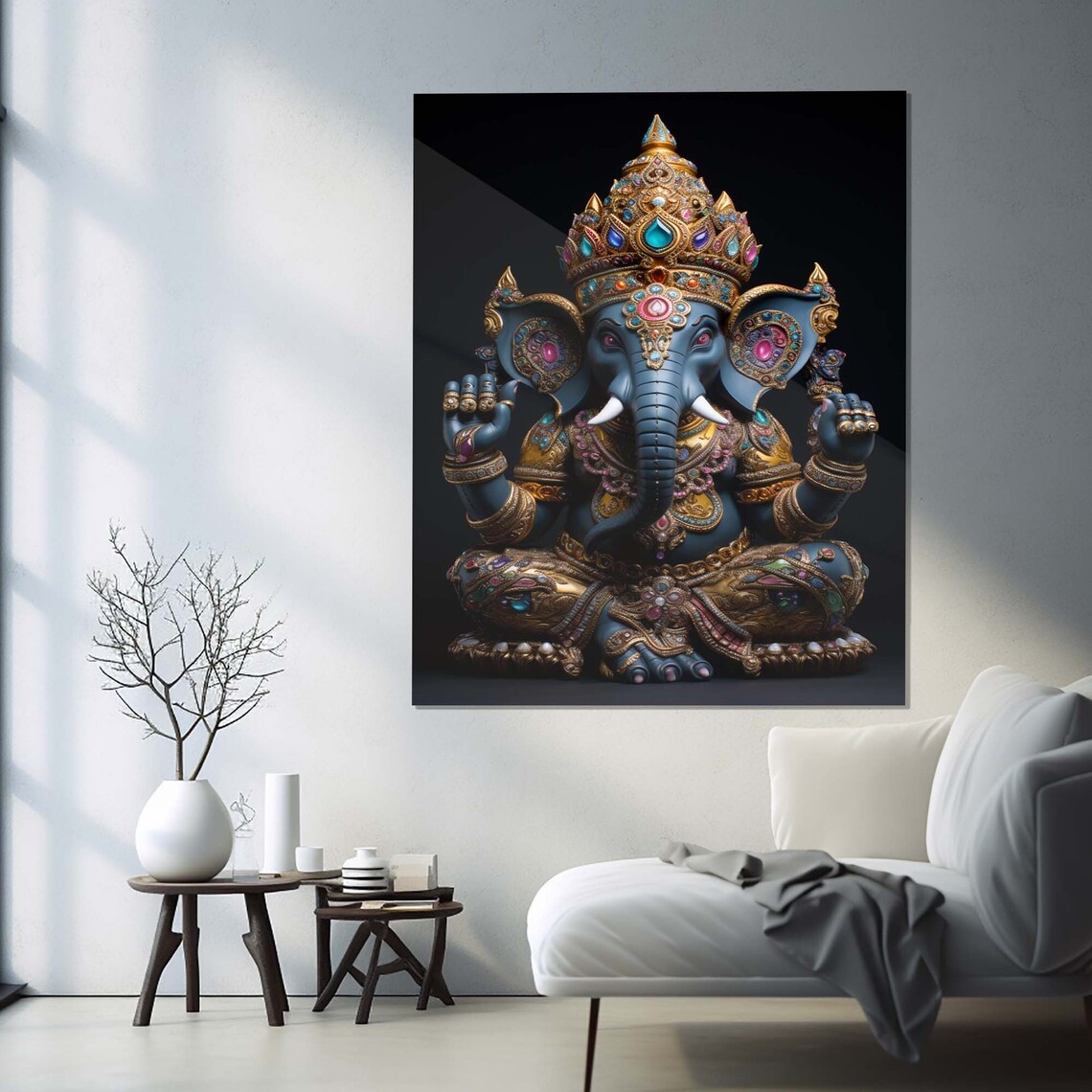 Lord Ganesha Blue Golden Jeweled Elephant God Hindu Deity Wall Art