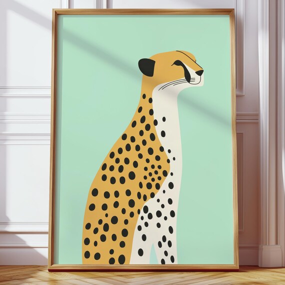 Modern Living Room Wall Decor Scandi Animal Poster Cheetahs Pastel Green Cat Art Print Stylish Illustrations For The Hallway And Childrens