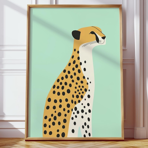 Scandi Cheetah Illustration Pastel Mint Green Minimalist Animal Poster