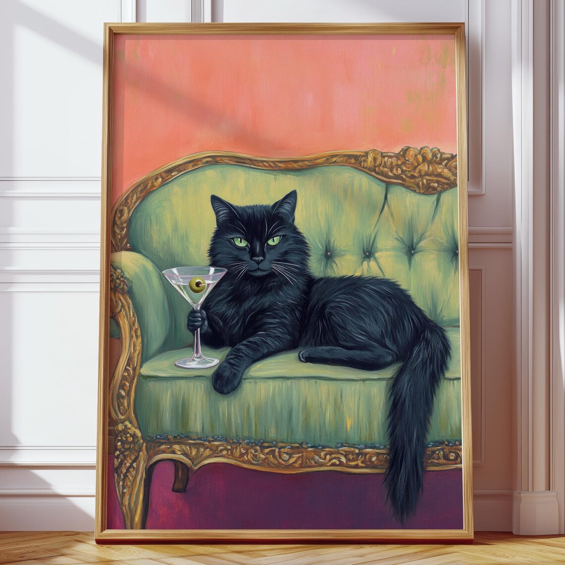 Black Cat Holding Martini On Green Settee Funny Animal Poster