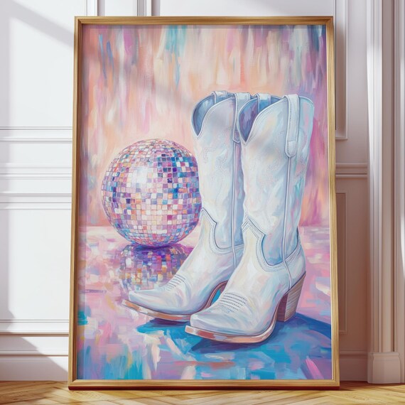 Pastel Disco Ball And White Cowboy Boots Trendy Western Poster