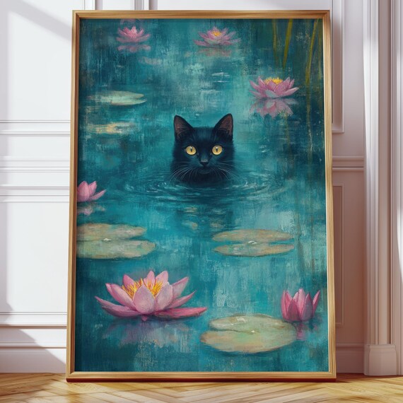 Calming Art For The Living Area Watercolor Cat In Blue Romantic Water Lily Illustration Stylish Animal Paintings Bedroom And Office