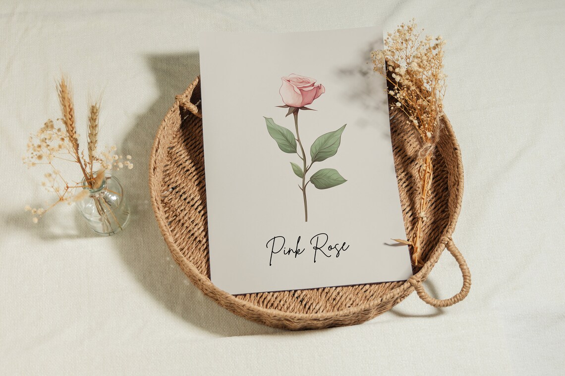 Pink Rose Botanical Watercolor State Flower Minimalist Art Print - Image 3