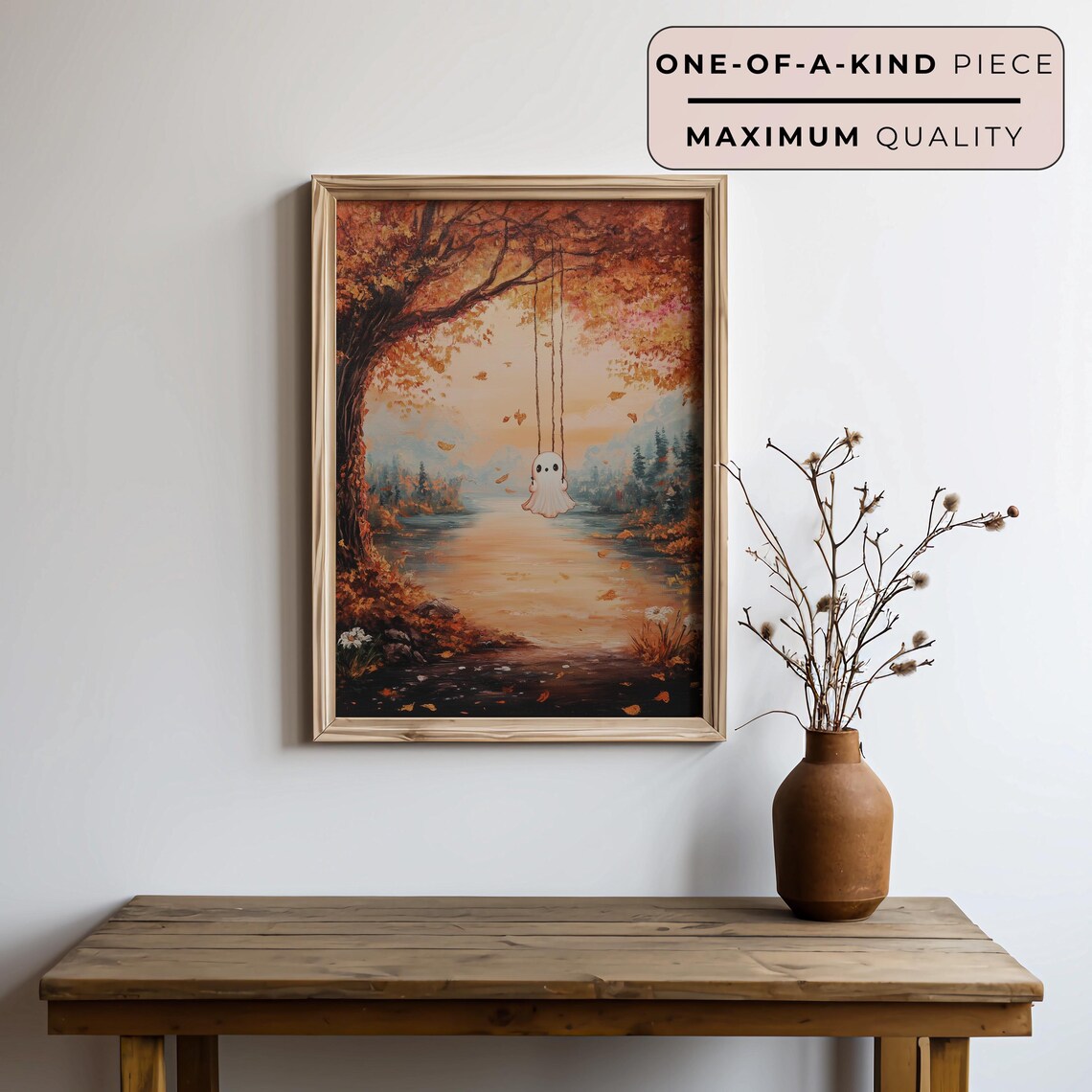 Cute Ghost Swinging Over Lake Sunset Autumn Tree Swing Halloween Poster - Image 3