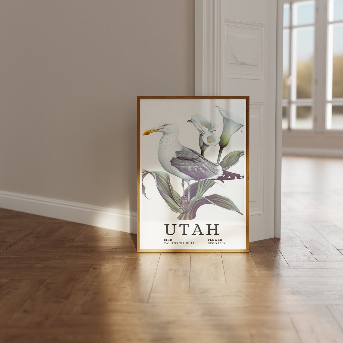 Utah California Gull Sego Lily Botanical Bird and Flower Art Print - Image 3