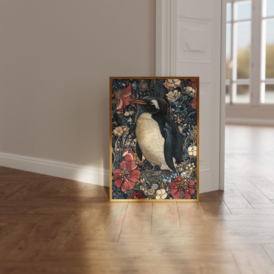 Penguin Standing Dark Floral Garden Red White Blossoms Art Poster - Image 2