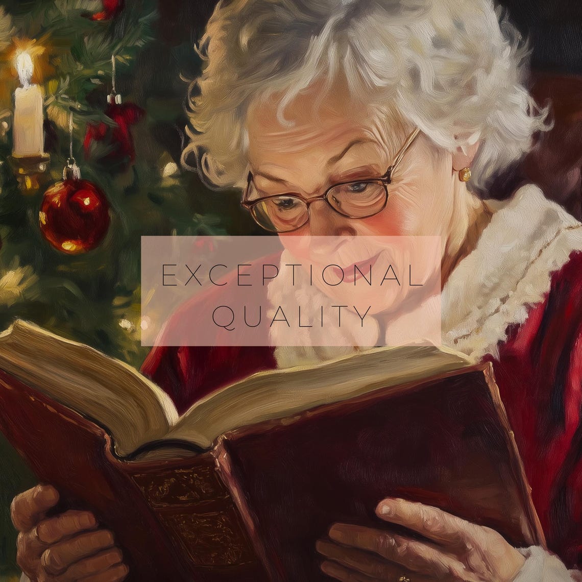Mrs Claus Reading By Christmas Tree Cozy Holiday Oil Painting Poster - Image 2