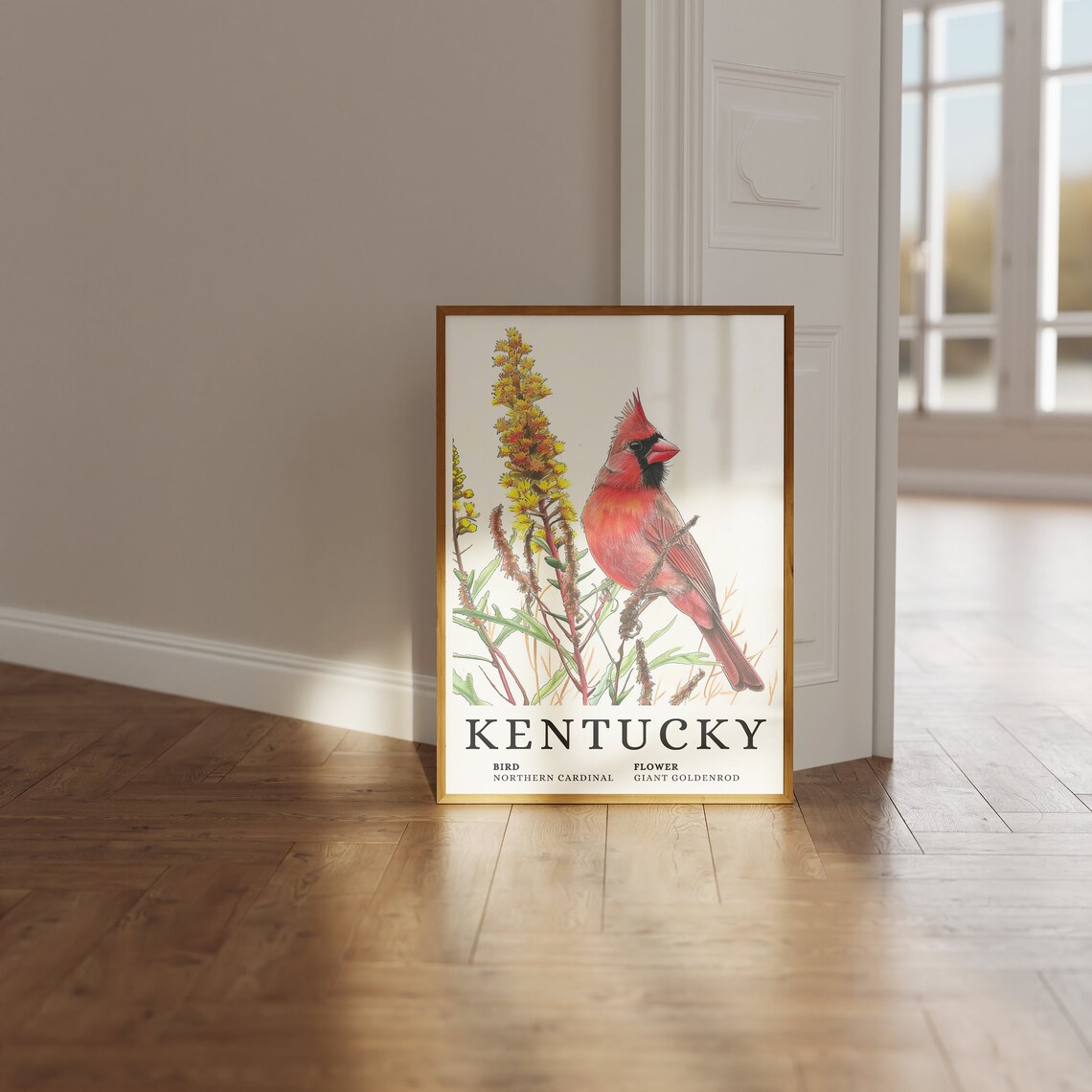 Kentucky Northern Cardinal With Giant Goldenrod Botanical Art Print - Image 3