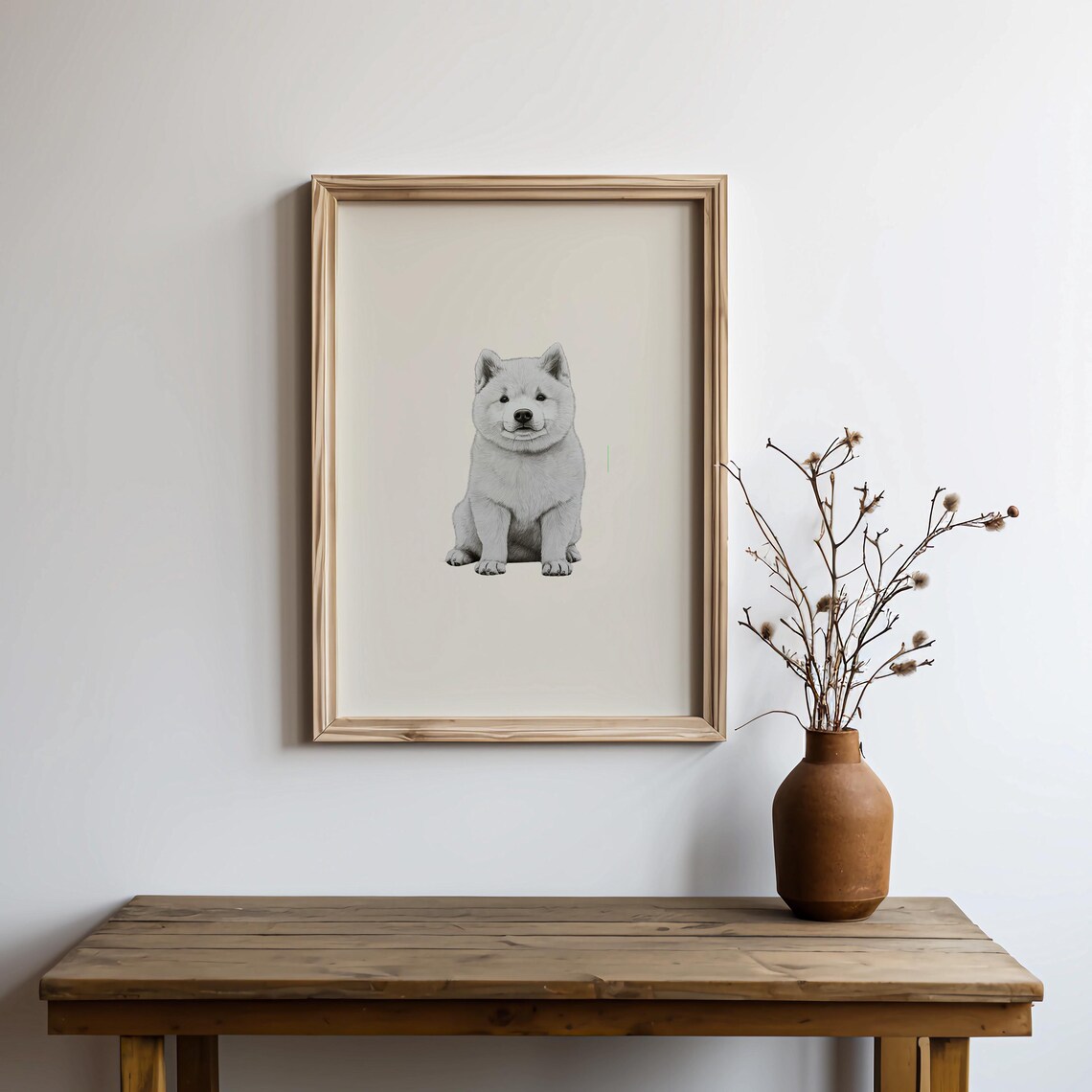 Akita White Puppy Sitting Portrait Minimalist Beige Neutral Poster - Image 2