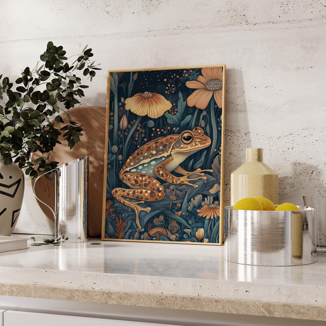 Spotted Brown Frog Golden Night Flowers Dark Teal Pond Art Poster - Image 2