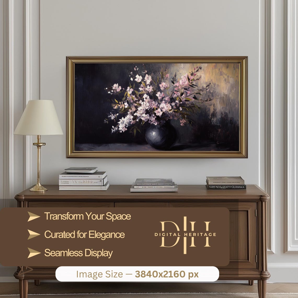 Moody Blush Blossoms Dark Vase Dramatic Vintage Floral Painting Art - Image 2