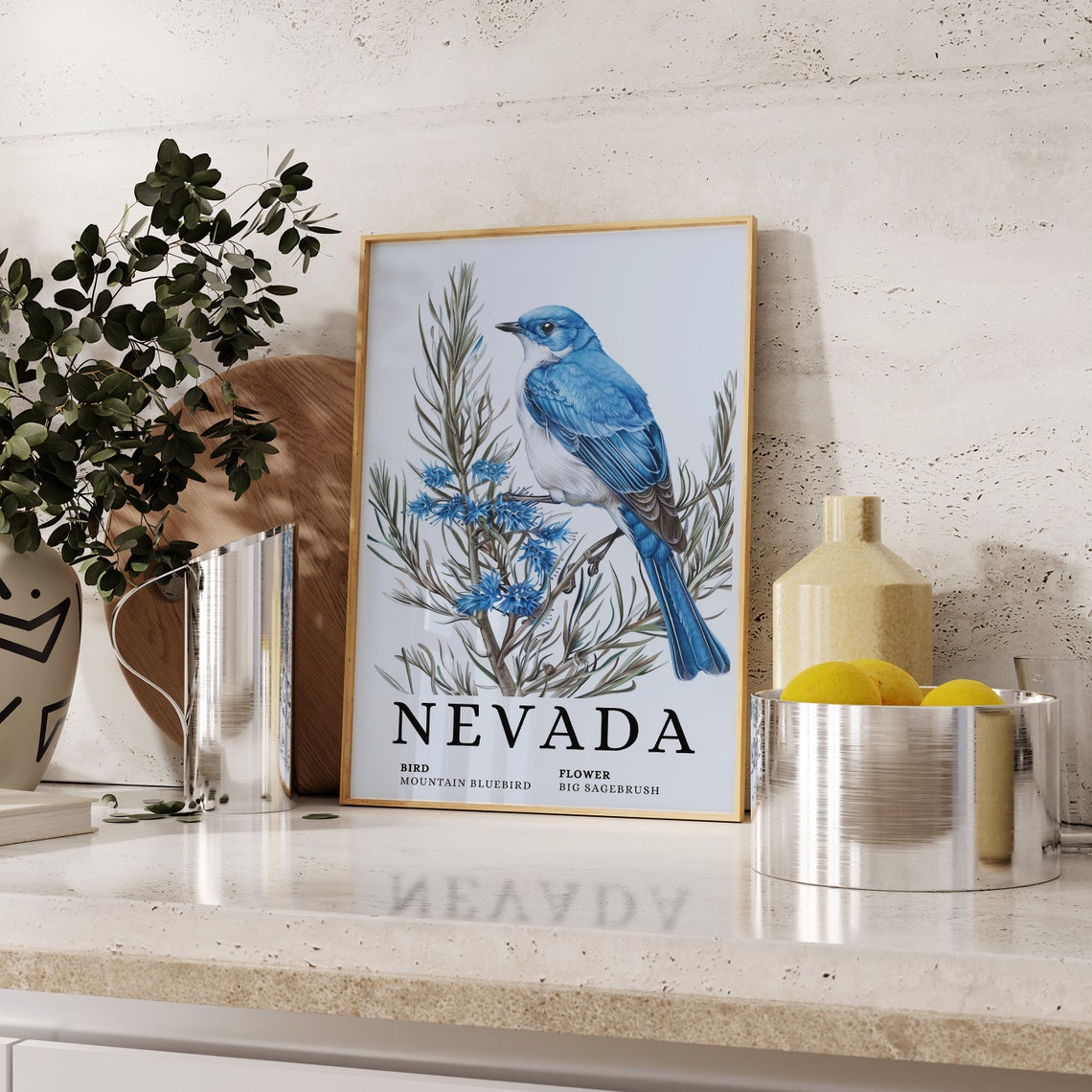 Nevada Mountain Bluebird Big Sagebrush Bird and Flower Art Print - Image 2