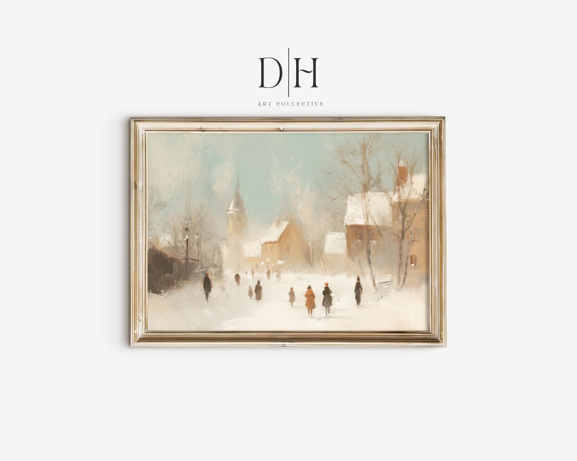 Pastel Snowy Village Street With Church Vintage Winter Art Wall Print
