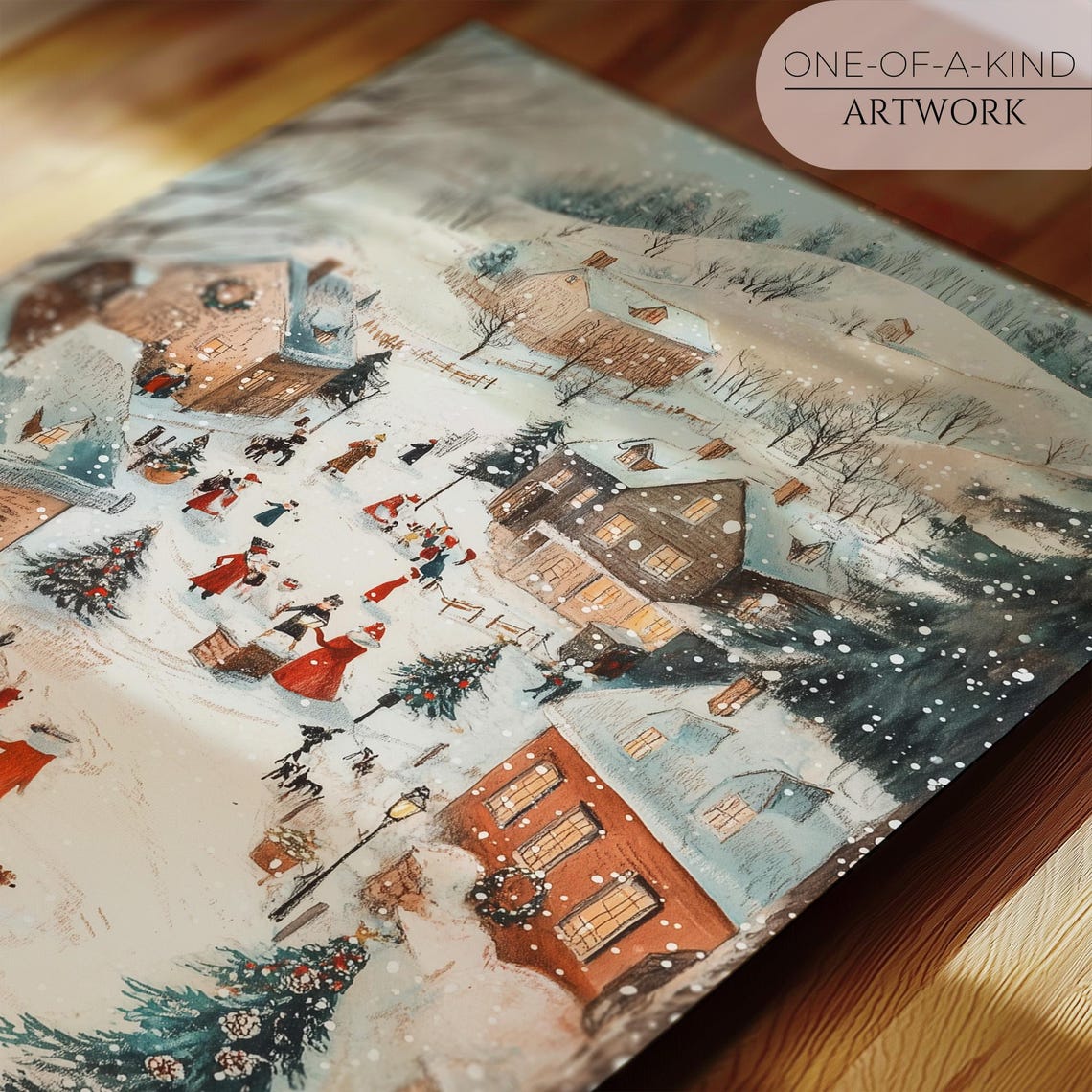 Whimsical Snowy Christmas Village Watercolor Festive Holiday Art Print - Image 2