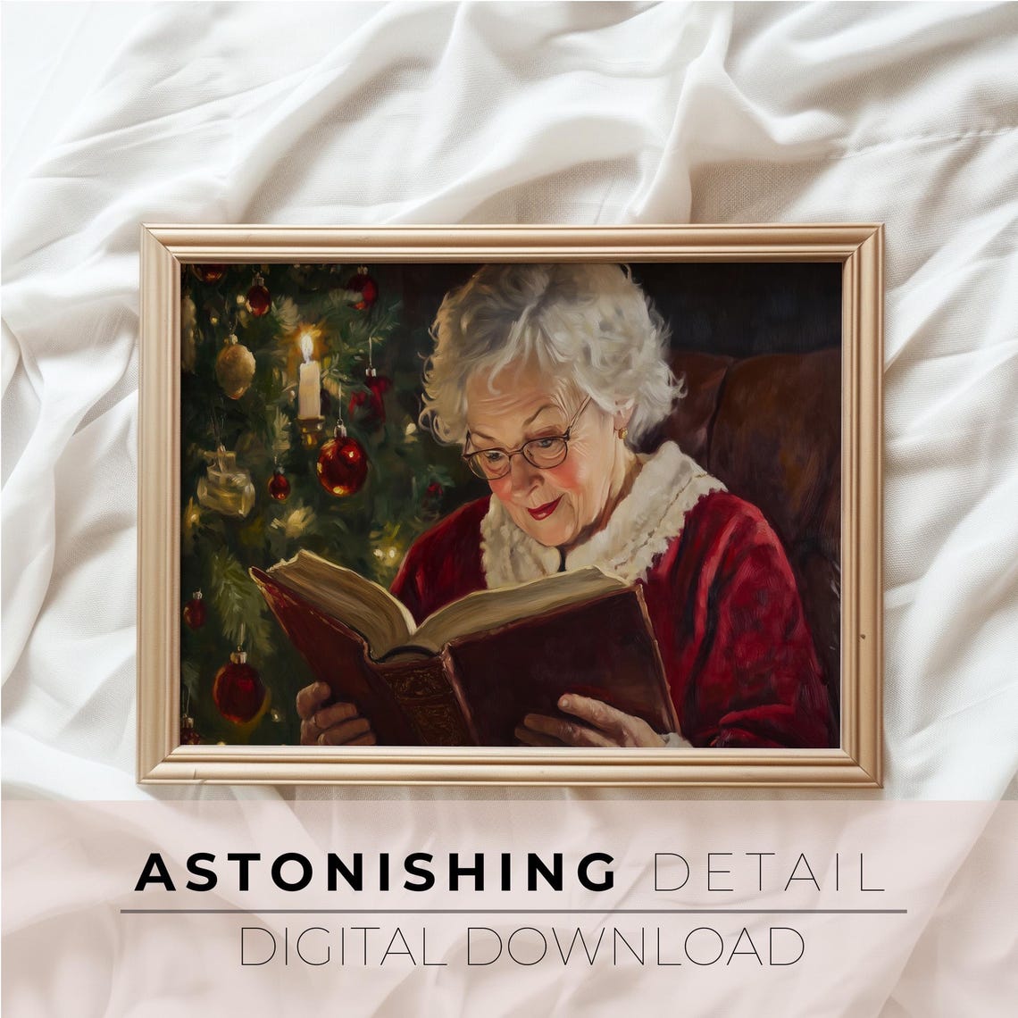 Mrs Claus Reading By Christmas Tree Cozy Holiday Oil Painting Poster - Image 3