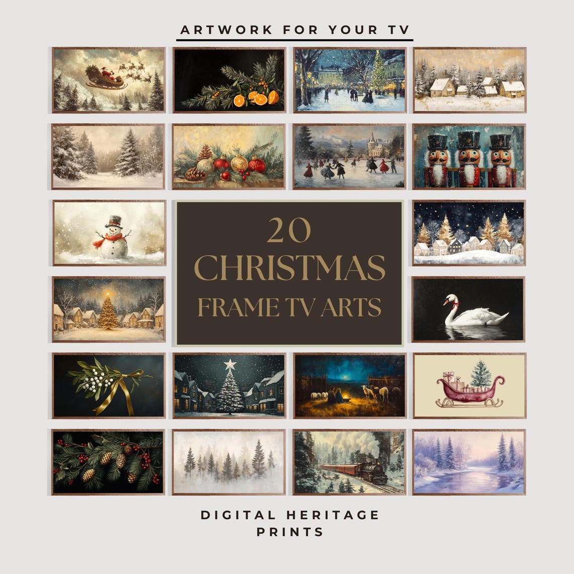 Vintage Christmas Frame TV Art Bundle 20 Holiday Painting Prints