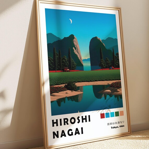 Lake Valley Hiroshi Nagai Poster Red Truck Wall Decor Nature Painting Japandi 90s Rural Pop Art Print Wabi Sabi Wallpaper Mountain View