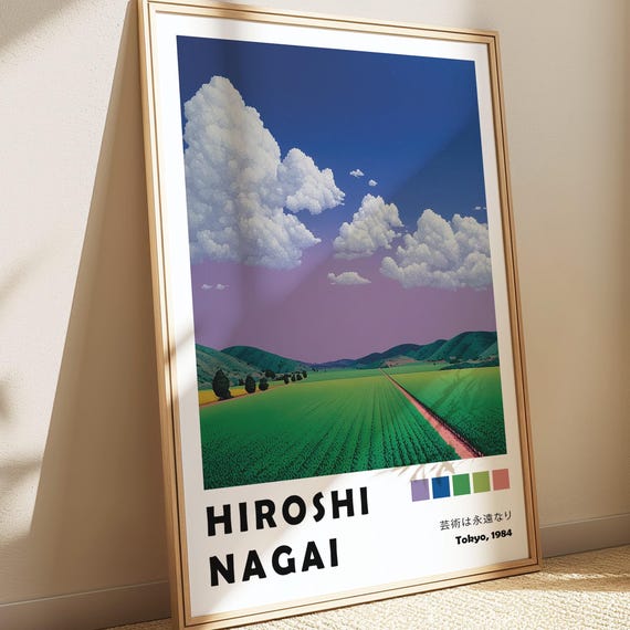 Countryside Hiroshi Nagai Poster Cloudy Sky Landscape Nature Vaporwave Painting Pastoral 90s City Pop Art Print Wallpaper
