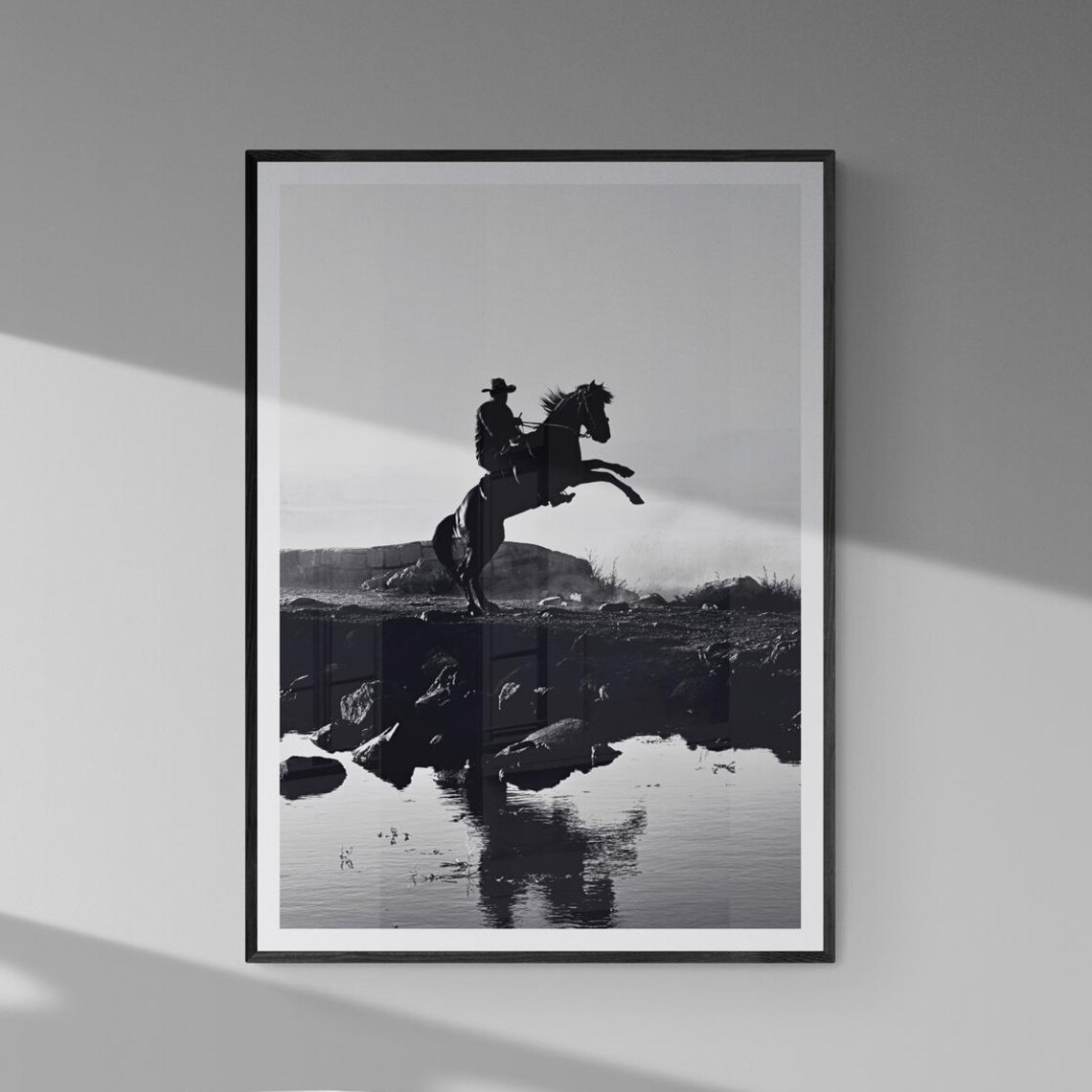 Cowboy on Rearing Horse Silhouette Western Black and White Poster