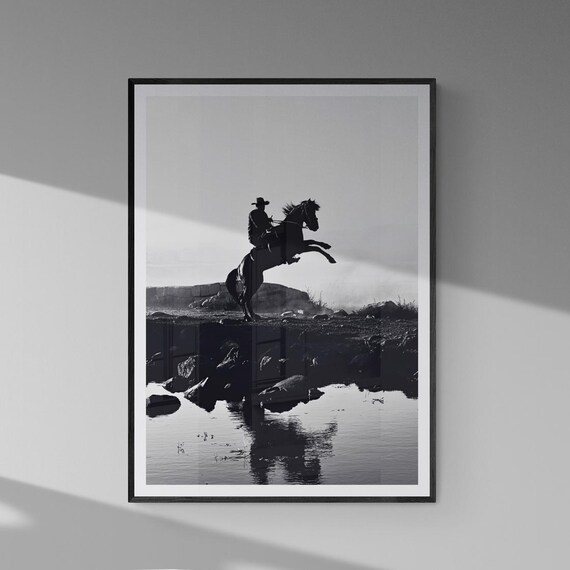 Cowboy on Rearing Horse Silhouette Western Black and White Poster