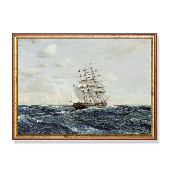 Vintage Sailing Ship Painting, Rustic Seascape Art Print