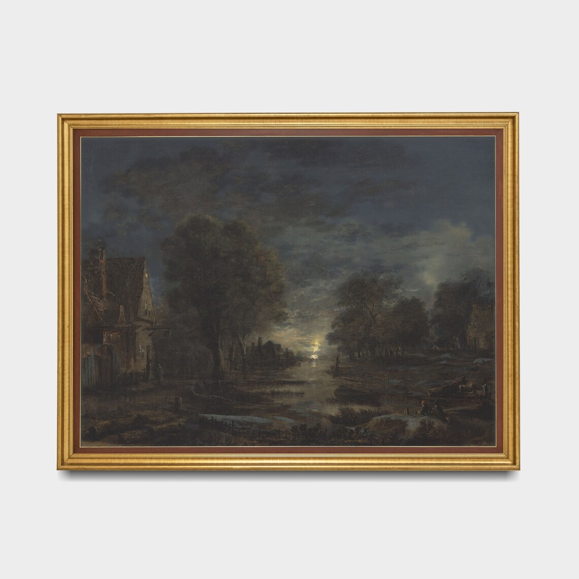 Moonlit Village by a Still River at Night Dark Romantic Painting Poster - Image 5