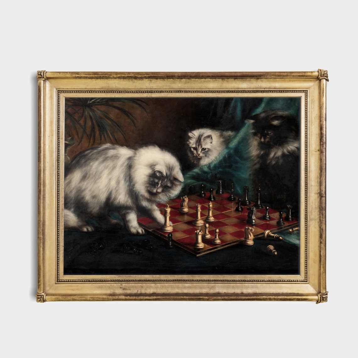 Three Cats Playing Chess on a Board Whimsical Vintage Feline Poster - Image 2