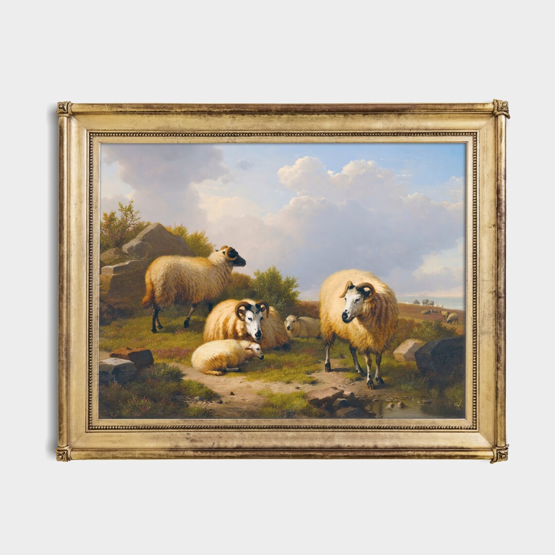 Sheep and Lambs Rocky Coastal Pasture Blue Sky Vintage Farm Poster - Image 2