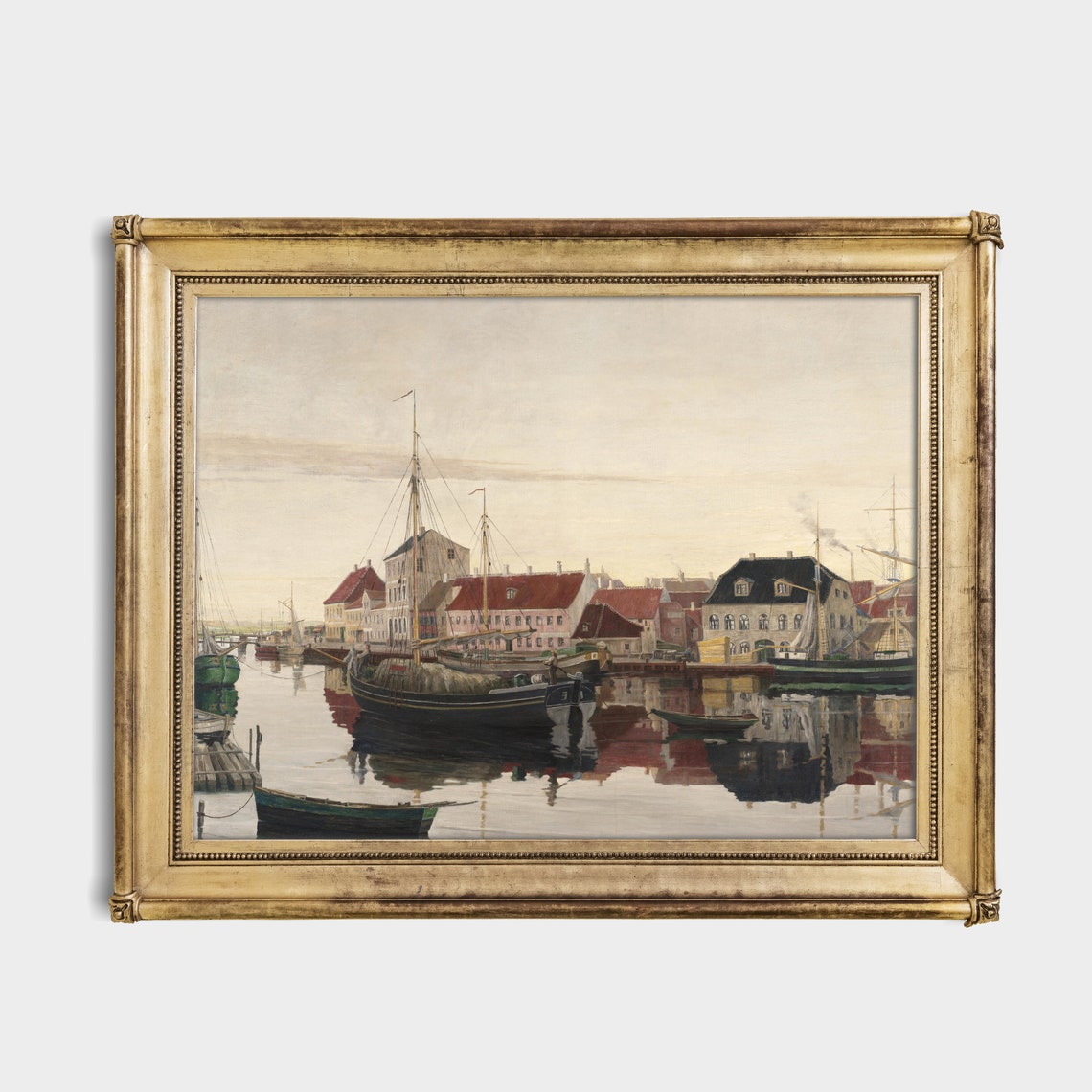 Vintage Harbor With Tall Ships Painting Antique Nautical Wall Art - Image 3